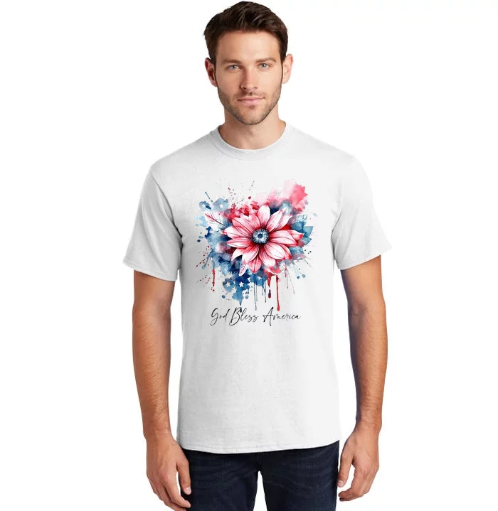 USA Flag Colors Flowers God Bless America Patriotic Floral Tall T-Shirt