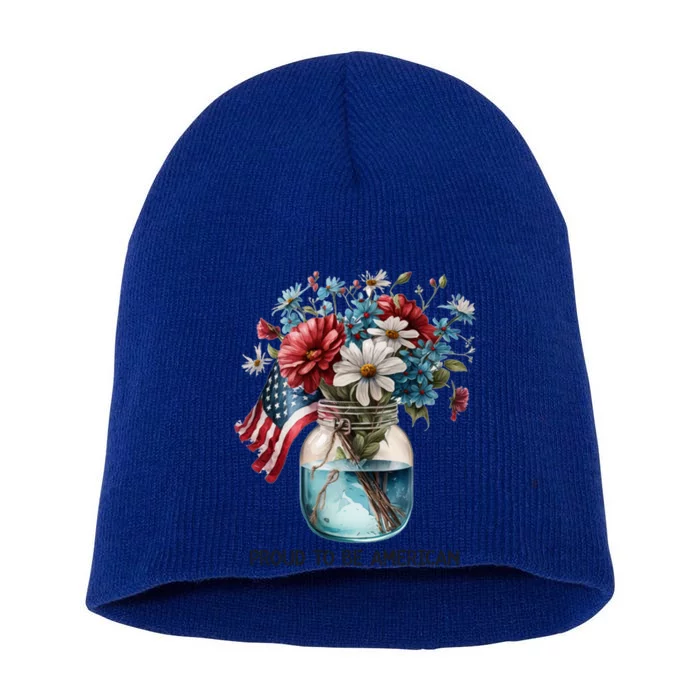 Usa Flag Colors Flowers Red White Blue Proud To Be American Meaningful Gift Short Acrylic Beanie