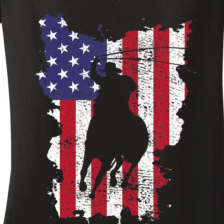 Usa Flag Cowboy Roping Women's V-Neck T-Shirt