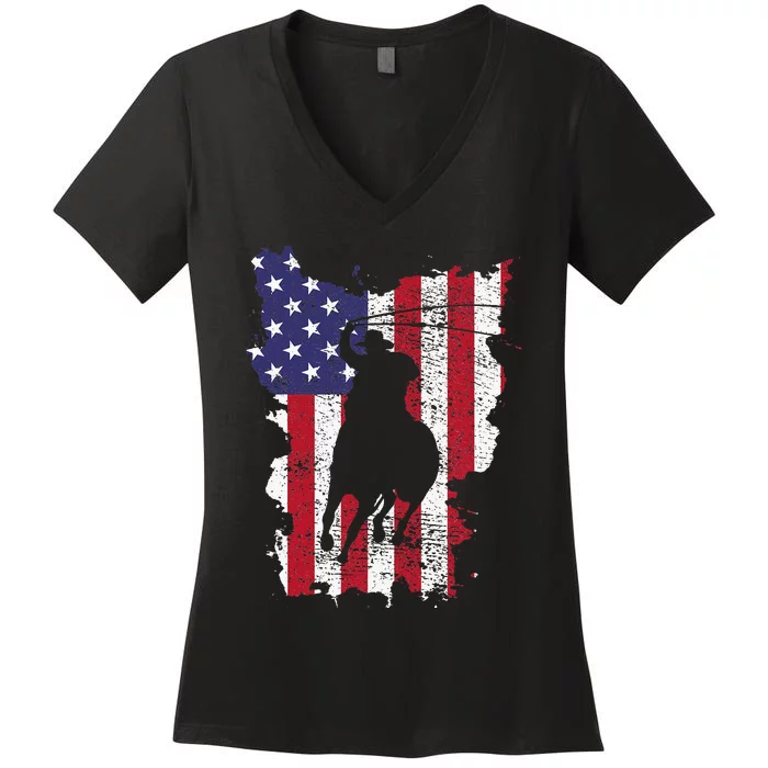 Usa Flag Cowboy Roping Women's V-Neck T-Shirt