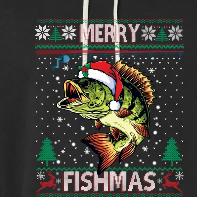 Ugly Fishing Christmas Bass Fish Merry Fishmas Cool Gift Garment-Dyed Fleece Hoodie