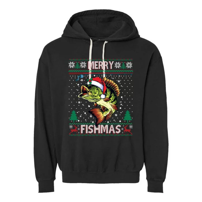 Ugly Fishing Christmas Bass Fish Merry Fishmas Cool Gift Garment-Dyed Fleece Hoodie