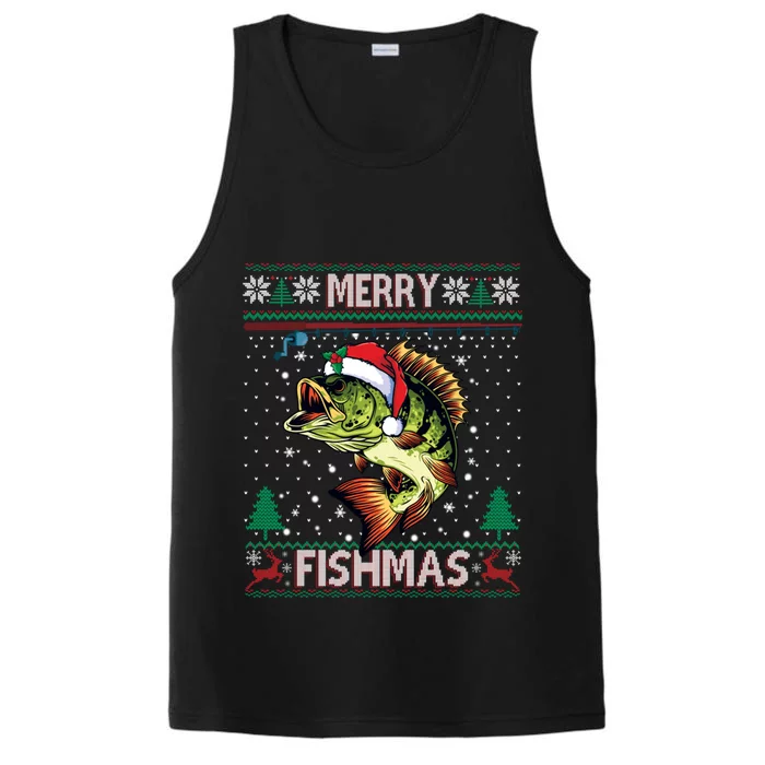 Ugly Fishing Christmas Bass Fish Merry Fishmas Cool Gift Performance Tank