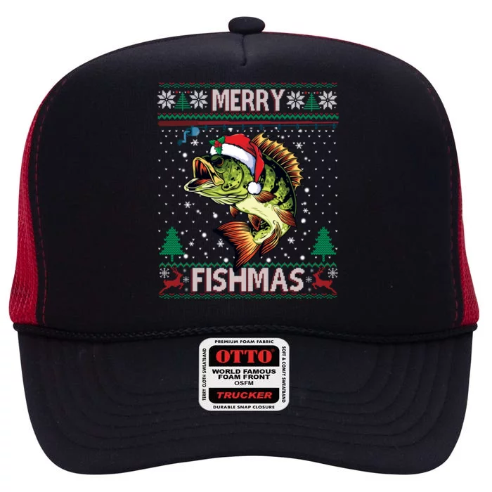 Ugly Fishing Christmas Bass Fish Merry Fishmas Gift High Crown Mesh Trucker Hat