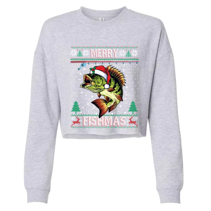 Ugly Fishing Christmas Bass Fish Merry Fishmas Gift Cropped Pullover Crew