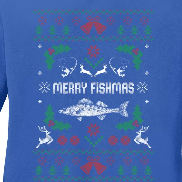 Ugly Fishing Christmas Bass Fish Merry Fishmas Gift Ladies Long Sleeve Shirt