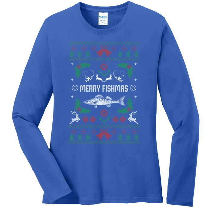 Ugly Fishing Christmas Bass Fish Merry Fishmas Gift Ladies Long Sleeve Shirt