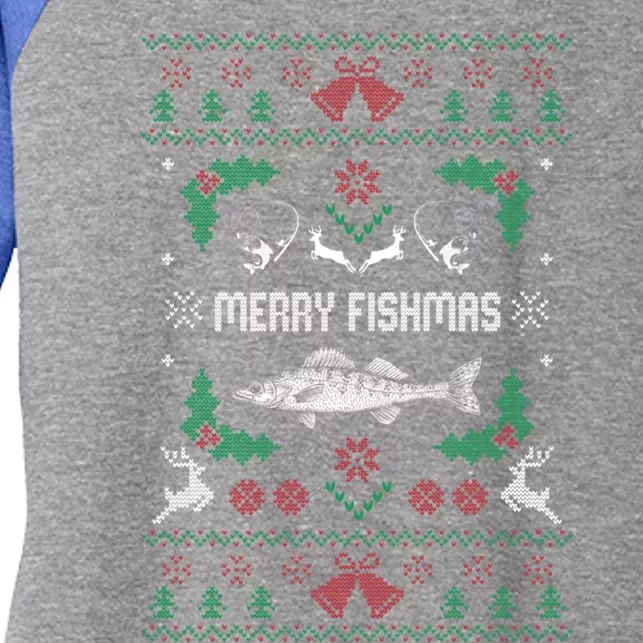 Ugly Fishing Christmas Bass Fish Merry Fishmas Gift Women's Tri-Blend 3/4-Sleeve Raglan Shirt