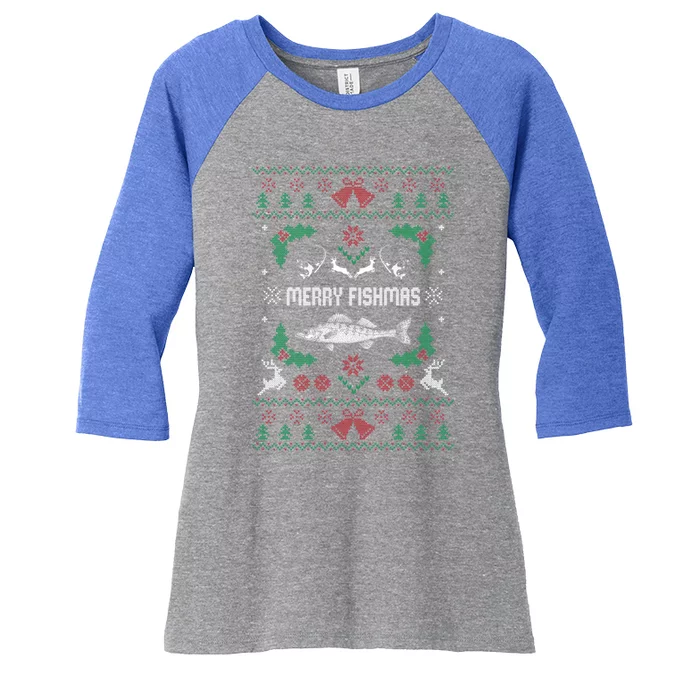 Ugly Fishing Christmas Bass Fish Merry Fishmas Gift Women's Tri-Blend 3/4-Sleeve Raglan Shirt