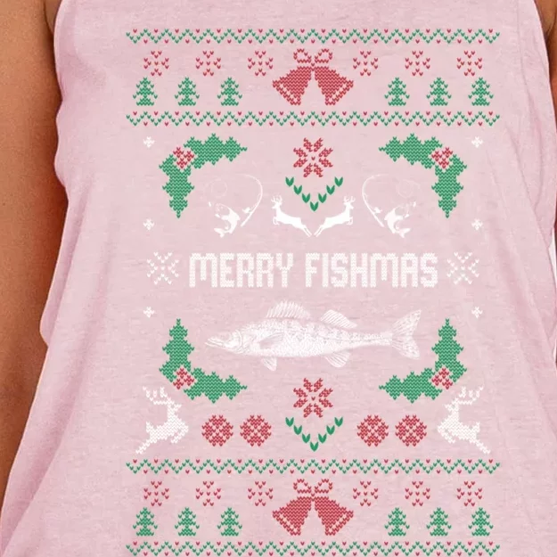 Ugly Fishing Christmas Bass Fish Merry Fishmas Gift Women's Knotted Racerback Tank