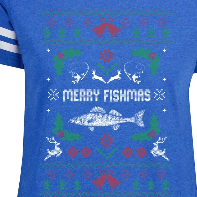 Ugly Fishing Christmas Bass Fish Merry Fishmas Gift Enza Ladies Jersey Football T-Shirt