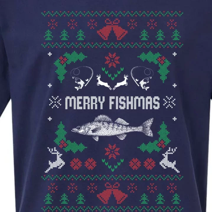 Ugly Fishing Christmas Bass Fish Merry Fishmas Gift Sueded Cloud Jersey T-Shirt