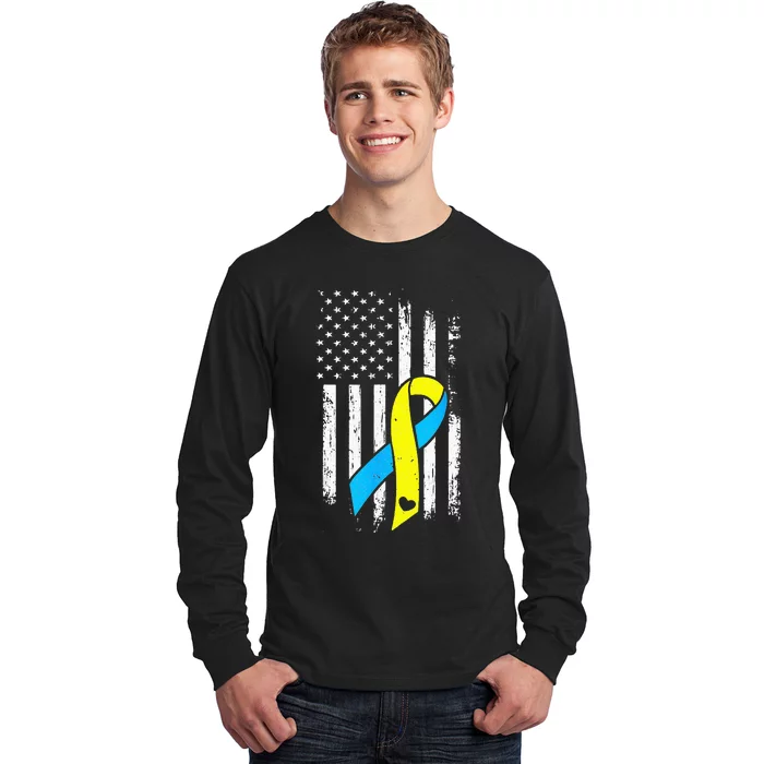 USA Flag Down Syndrome Ribbon Trisomy 21 American Long Sleeve Shirt