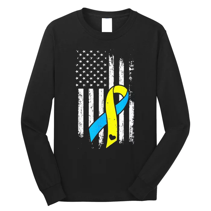 USA Flag Down Syndrome Ribbon Trisomy 21 American Long Sleeve Shirt