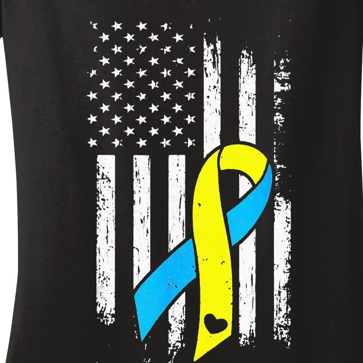 USA Flag Down Syndrome Ribbon Trisomy 21 American Women's V-Neck T-Shirt