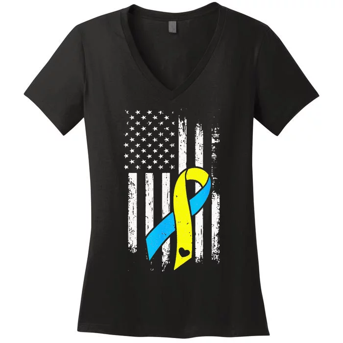 USA Flag Down Syndrome Ribbon Trisomy 21 American Women's V-Neck T-Shirt