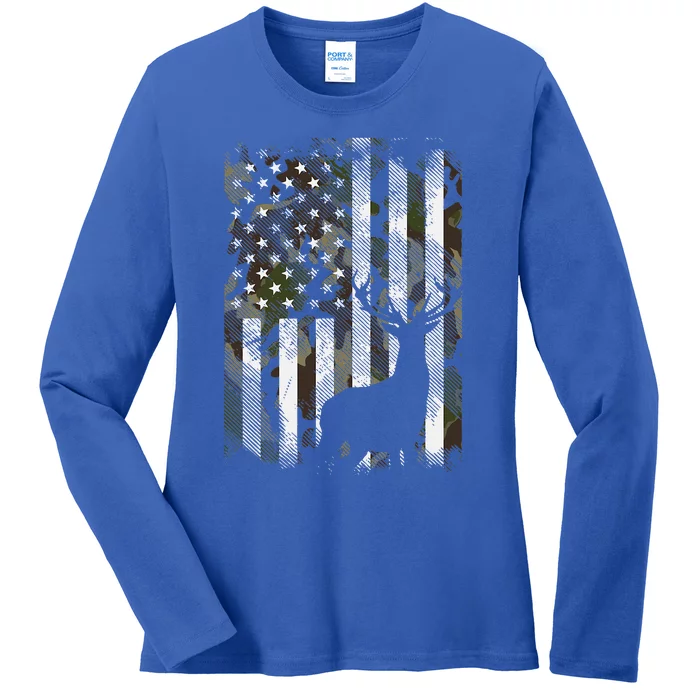 Us Flag Deer Elk Buck Camoflage Hunting Hunter Dad Ladies Long Sleeve Shirt