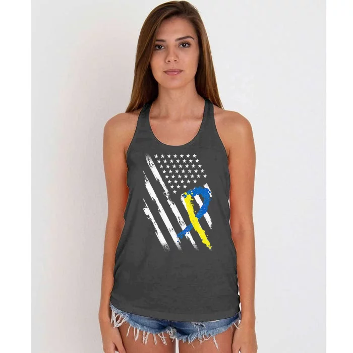 USA Flag Down Syndrome Awareness Dad Mom Down Syndrome Women's Knotted Racerback Tank