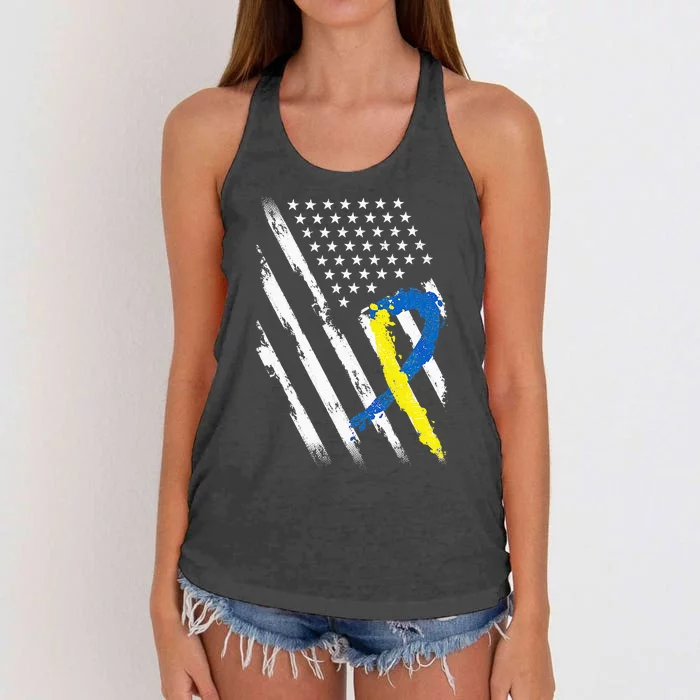 USA Flag Down Syndrome Awareness Dad Mom Down Syndrome Women's Knotted Racerback Tank