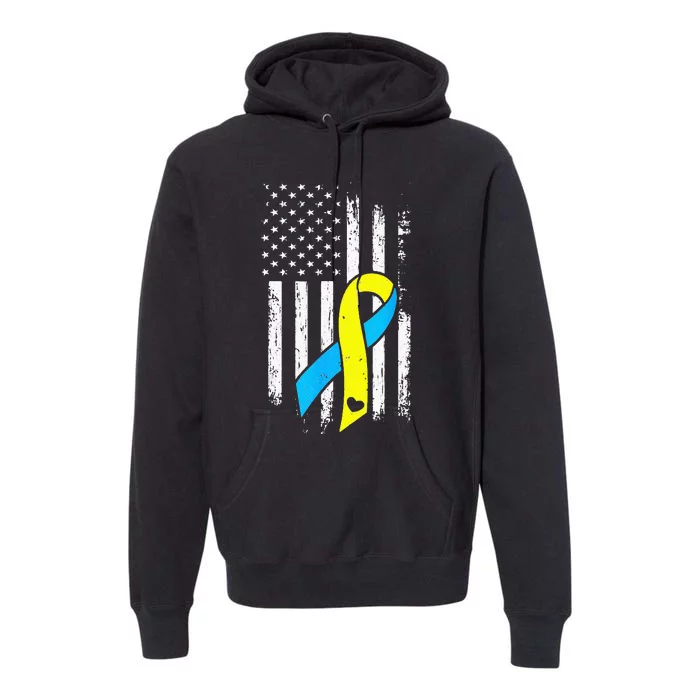 USA Flag Down Syndrome Ribbon Trisomy 21 American Premium Hoodie