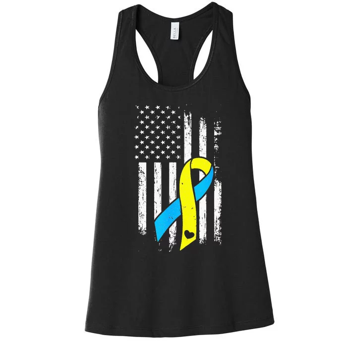 USA Flag Down Syndrome Ribbon Trisomy 21 American Women's Racerback Tank