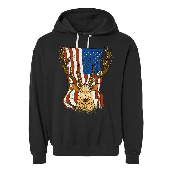 USA Flag Deer Hunting Gift Garment-Dyed Fleece Hoodie