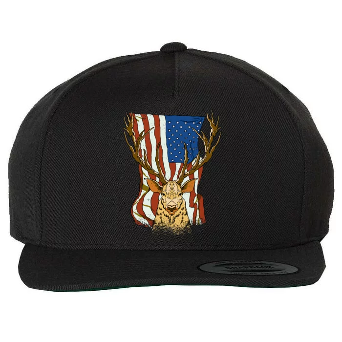 USA Flag Deer Hunting Gift Wool Snapback Cap