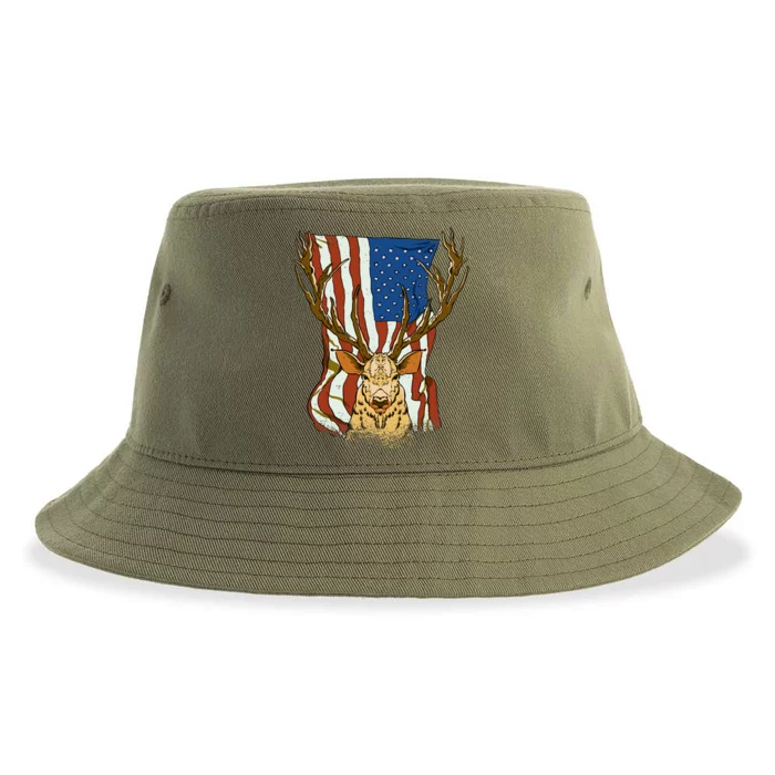 USA Flag Deer Hunting Gift Sustainable Bucket Hat