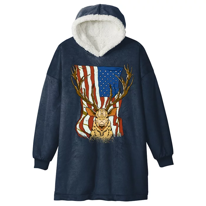 USA Flag Deer Hunting Gift Hooded Wearable Blanket