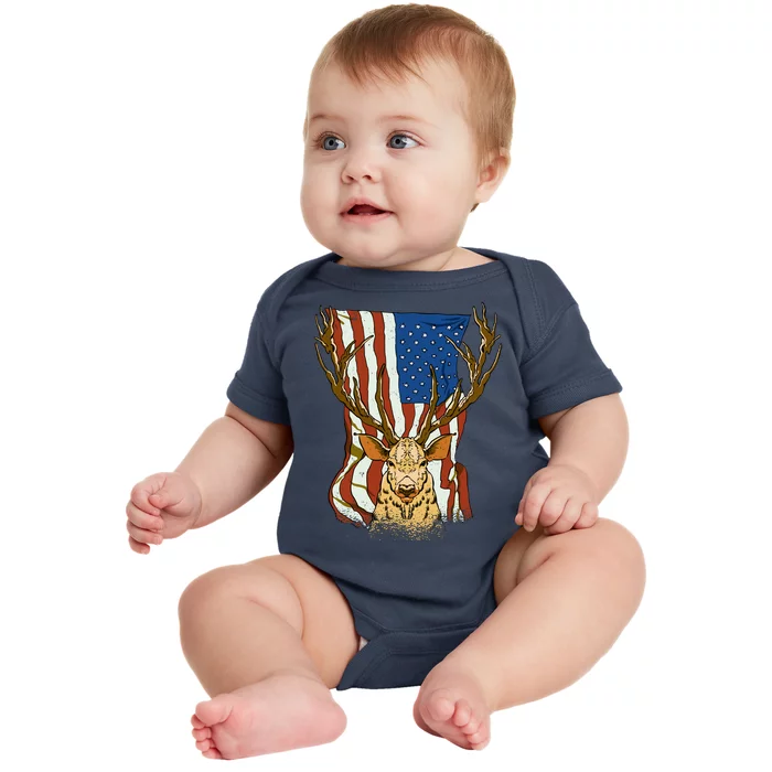 USA Flag Deer Hunting Gift Baby Bodysuit