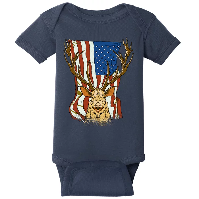 USA Flag Deer Hunting Gift Baby Bodysuit