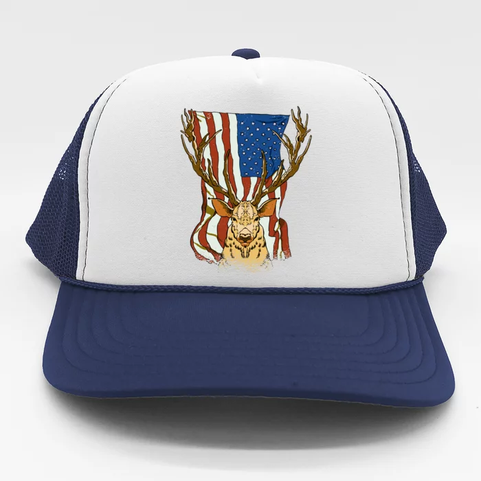 USA Flag Deer Hunting Gift Trucker Hat