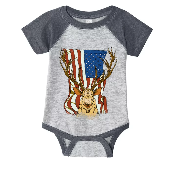 USA Flag Deer Hunting Gift Infant Baby Jersey Bodysuit