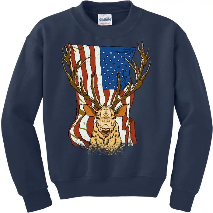 USA Flag Deer Hunting Gift Kids Sweatshirt