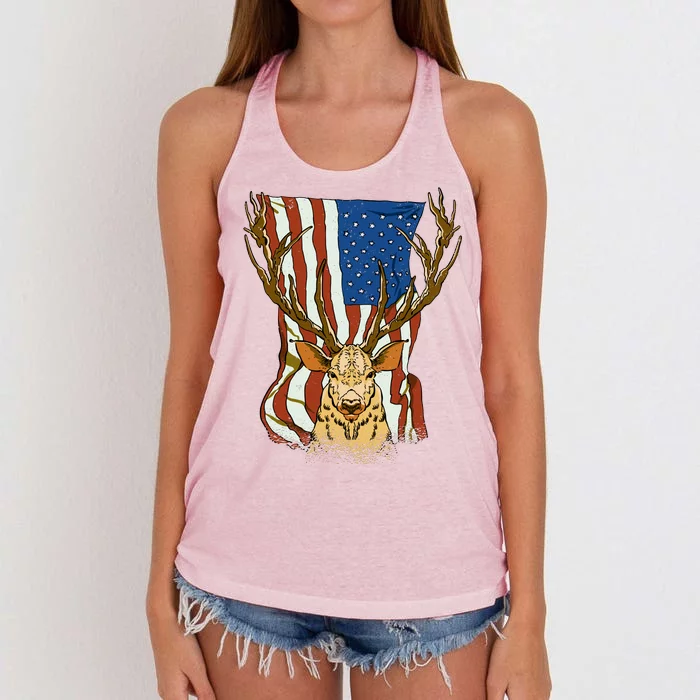 USA Flag Deer Hunting Gift Women's Knotted Racerback Tank