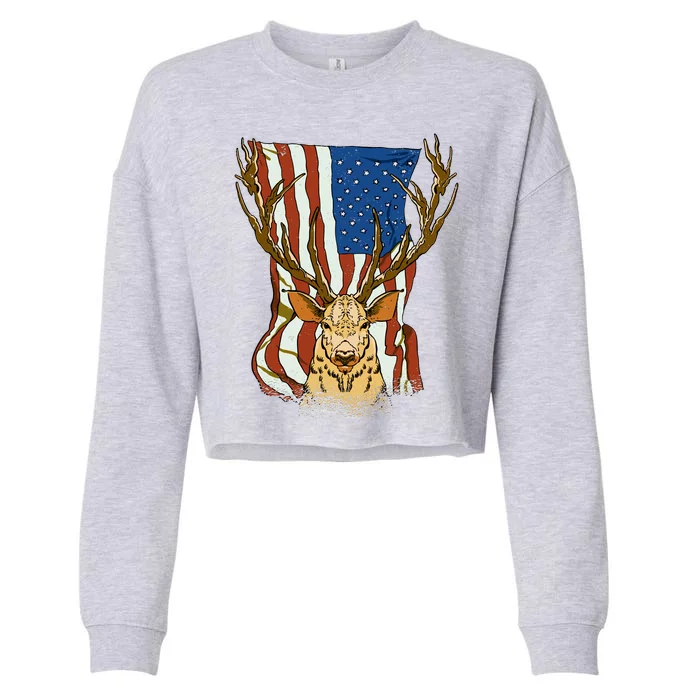 USA Flag Deer Hunting Gift Cropped Pullover Crew