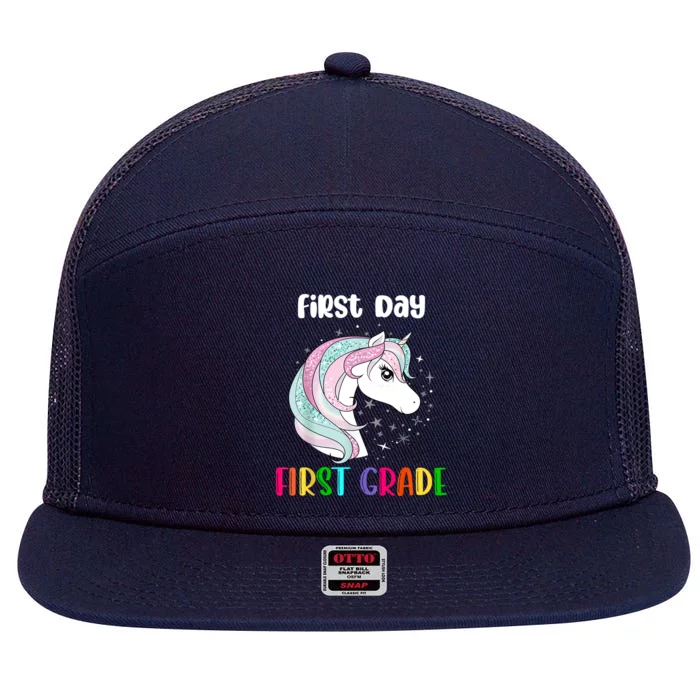 Unicorn First Day Of First Grade 1st Day Of School 7 Panel Mesh Trucker Snapback Hat