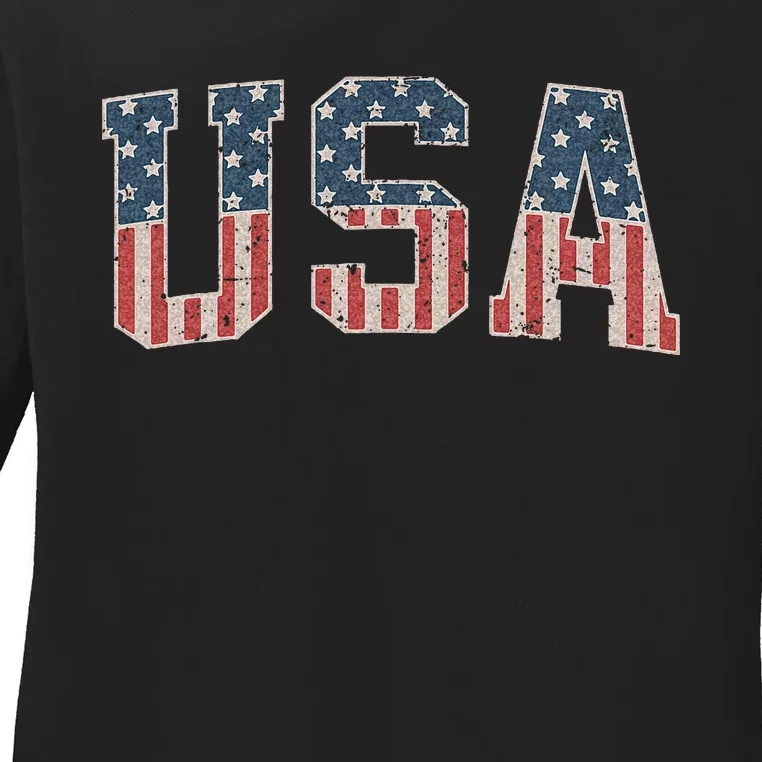 Usa Flag Dripping Lips 4th Of July Patriotic American Ladies Long Sleeve Shirt