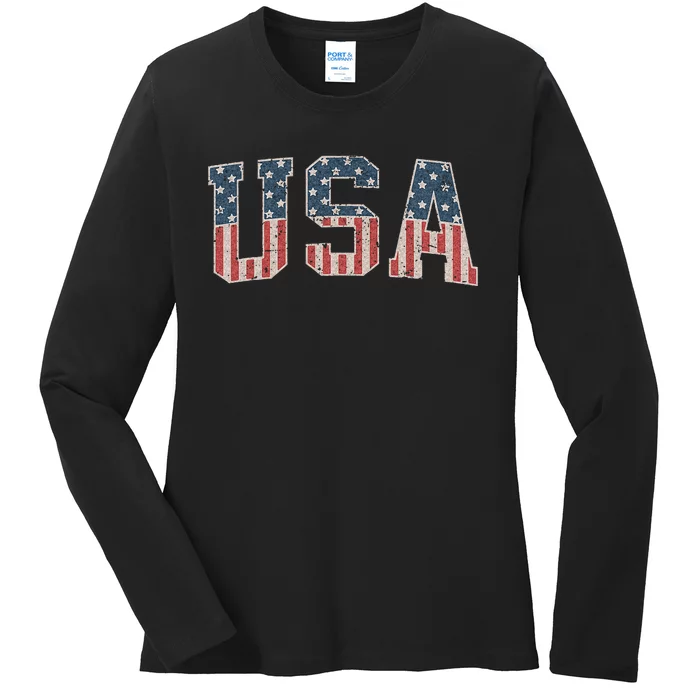 Usa Flag Dripping Lips 4th Of July Patriotic American Ladies Long Sleeve Shirt