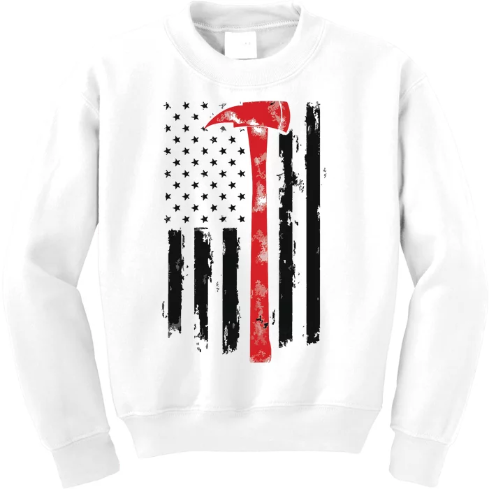 US Fireman Distressed Firefighter American Red Axe Flag Kids Sweatshirt