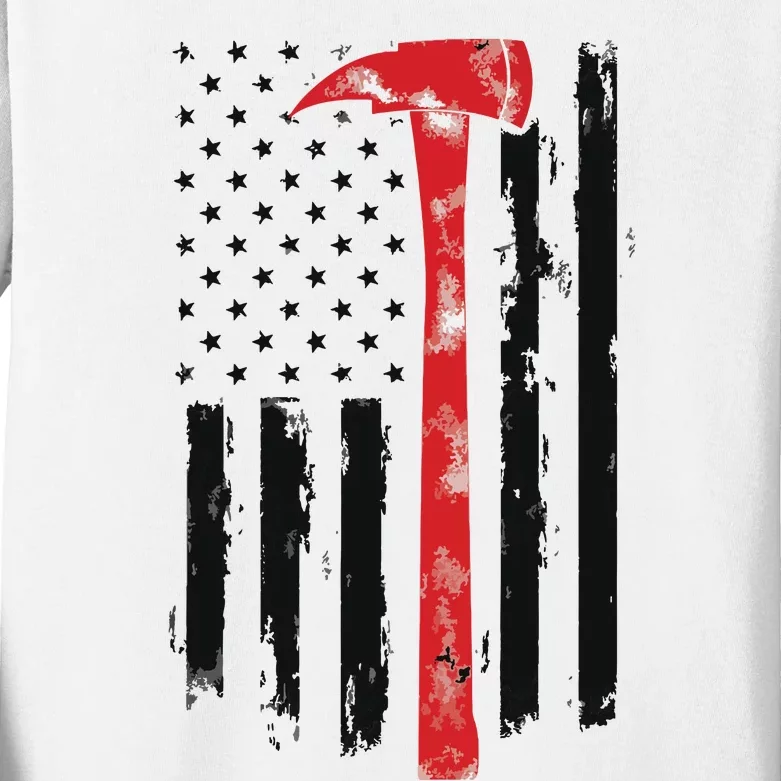 US Fireman Distressed Firefighter American Red Axe Flag Kids Long Sleeve Shirt