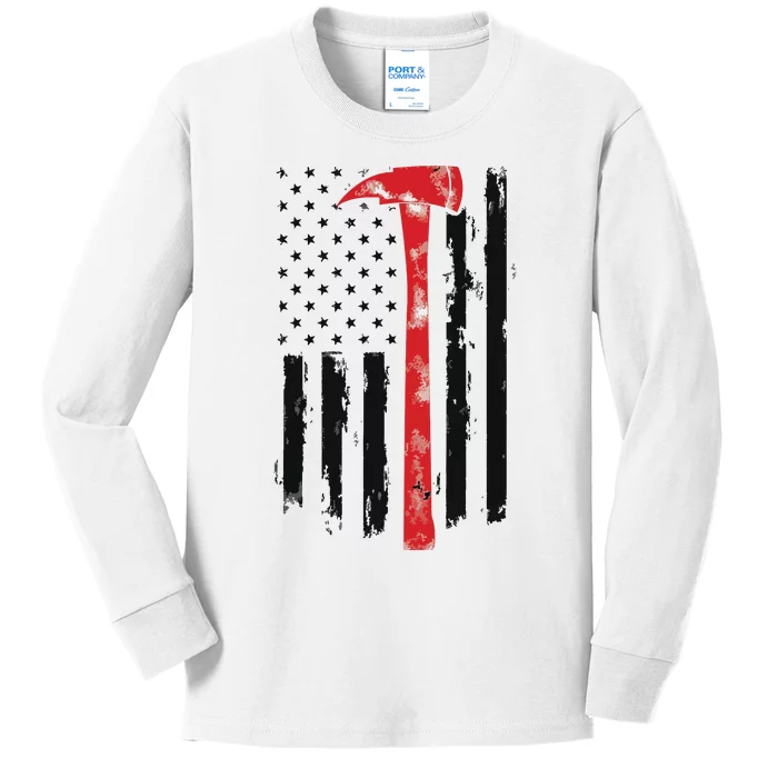 US Fireman Distressed Firefighter American Red Axe Flag Kids Long Sleeve Shirt