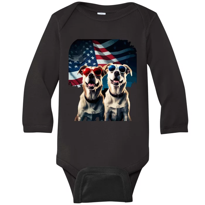 Usa Flag Dog Baby Long Sleeve Bodysuit