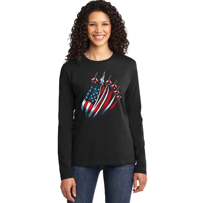 Usa Flag Fighter Jets 4th Of July Ladies Long Sleeve Shirt