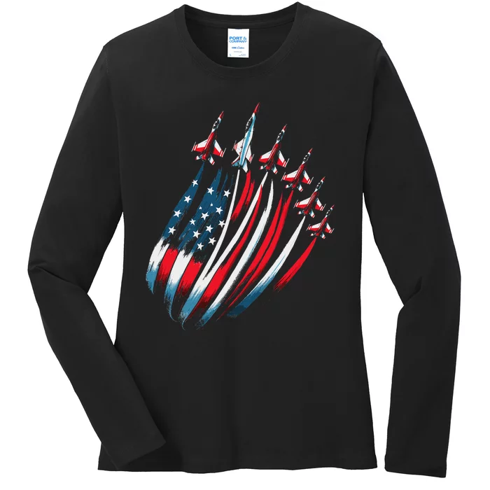 Usa Flag Fighter Jets 4th Of July Ladies Long Sleeve Shirt