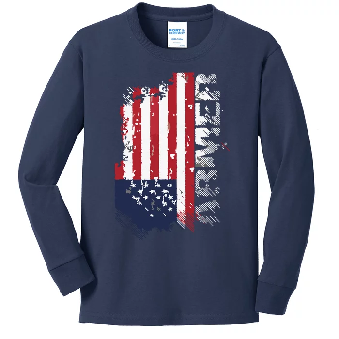 USA Flag Farmer American Farmers Tee Patriotic Gift Kids Long Sleeve Shirt