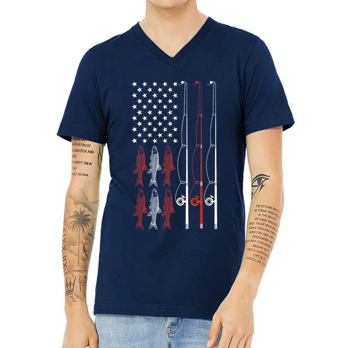 USA Flag Fishing Dad Grandpa Vintage Fishing Dad V-Neck T-Shirt