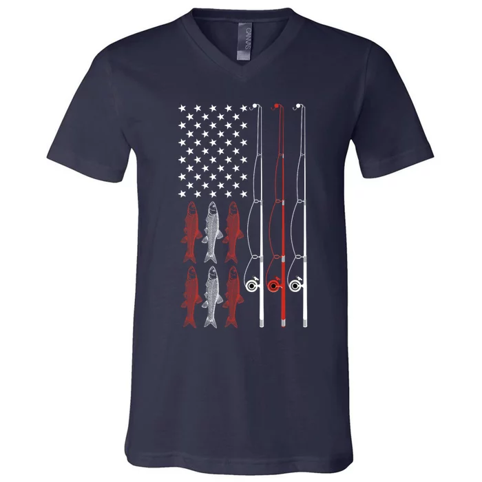 USA Flag Fishing Dad Grandpa Vintage Fishing Dad V-Neck T-Shirt