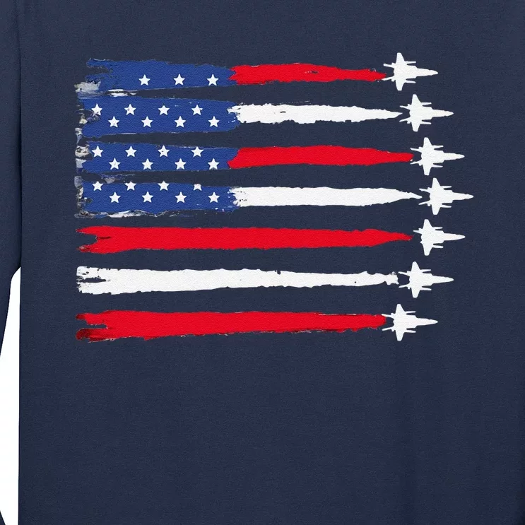 Usa Flag Fighter Jets Patriotic Red Blue White 4th Of July Long Sleeve Shirt