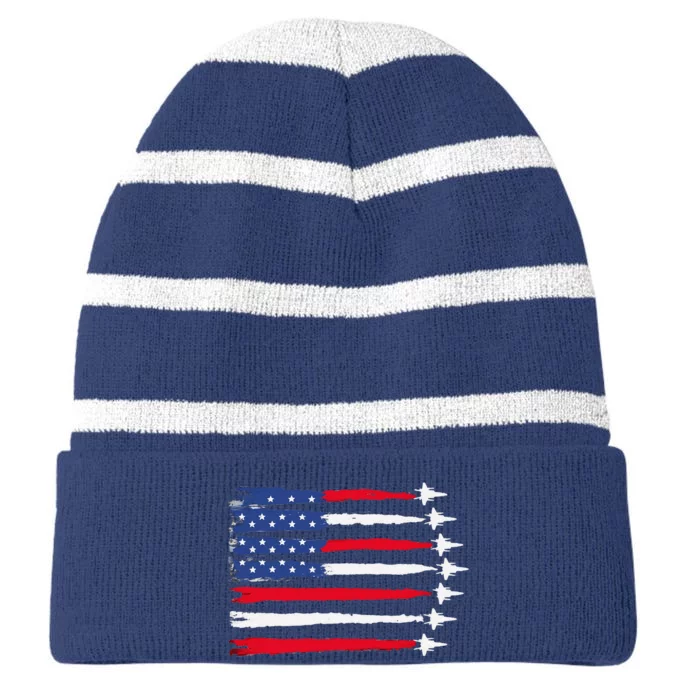 Usa Flag Fighter Jets Patriotic Red Blue White 4th Of July Striped Beanie with Solid Band